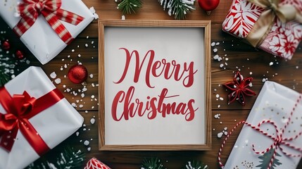A cozy Christmas background for 2026 - 2027 featuring and the red inscription "Merry Christmas" a white frame with a top view of a brown table adorned with spruce branches, cones, and gift boxes.