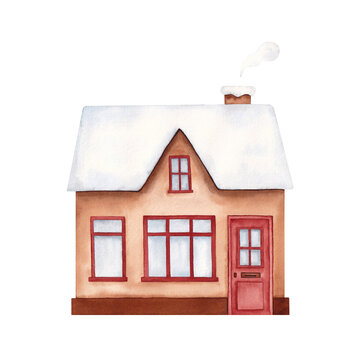 recommend clip art: Watercolor winter house illustration. Hand drawn  cottage with chimney smoke, isolated on a white background.