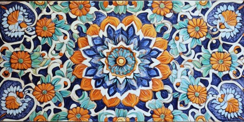 Ornate floral tile with blue, orange, green, and white colors.