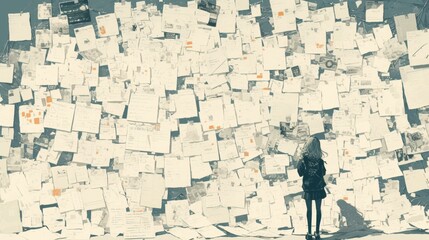 Fototapeta premium A lone individual stands in front of a vast wall covered with countless papers, embodying the challenges of information overload and contemplation in modern life.