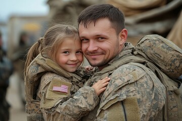 Fototapeta premium Soldier reuniting with his family at home, Generative AI