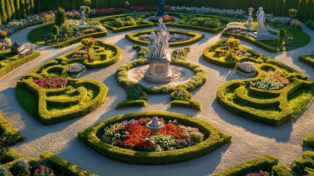 A symmetrical formal garden with a central fountain and sculptures surrounded by manicured hedges and colorful flowerbeds.