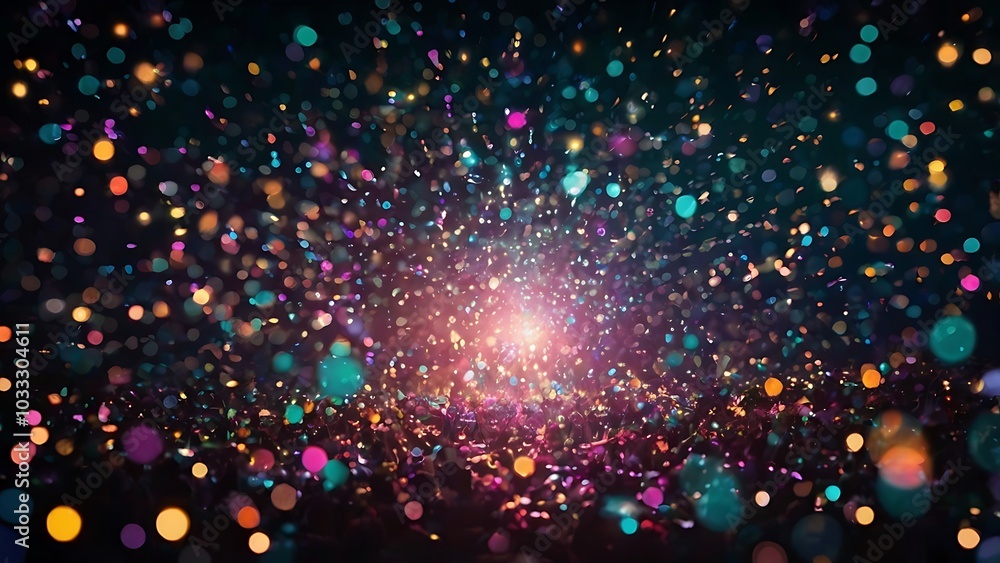 Poster digital abstract artwork featuring a vibrant explosion of multicolored bokeh lights against a dark b