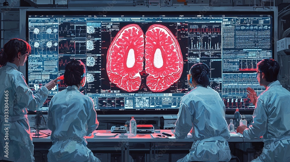 Poster a group of researchers in lab coats study and discuss complex digital brain imagery displayed on a l