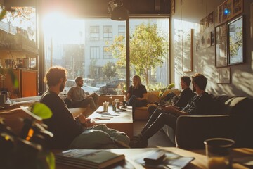 Obraz premium Creative business people taking a break in social room, Generative AI
