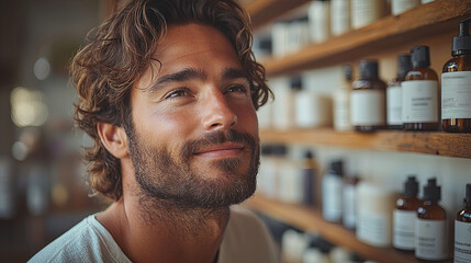 A man with a pleasant smile stands in a modern store filled with shelves of various bottles, conveying a sense of satisfaction and contentment in a retail setting.