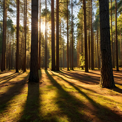 Obraz premium Golden Sunlight Filtering Through Pine Trees