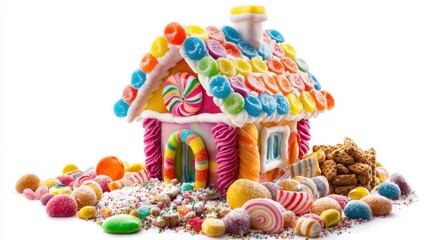 Colorful candy-coated gingerbread house with assorted sweets