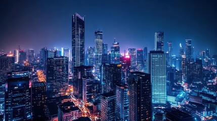 Obraz premium Night cityscape with tall buildings and neon lights.