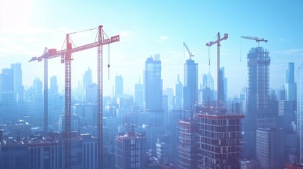 Fototapeta premium Construction cranes over a cityscape under a blue sky.