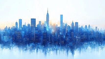 Obraz premium This blue-toned image features a city skyline with digital reflections, illuminating modern urban life with a fresh, innovative, and stylish perspective.