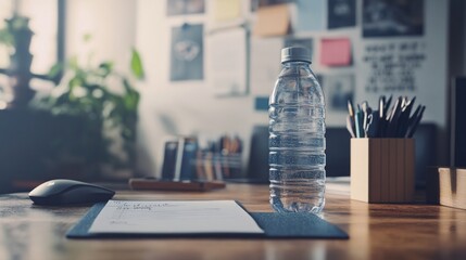 Minimalist Office Desk Setup with Water Bottle and Office Supplies