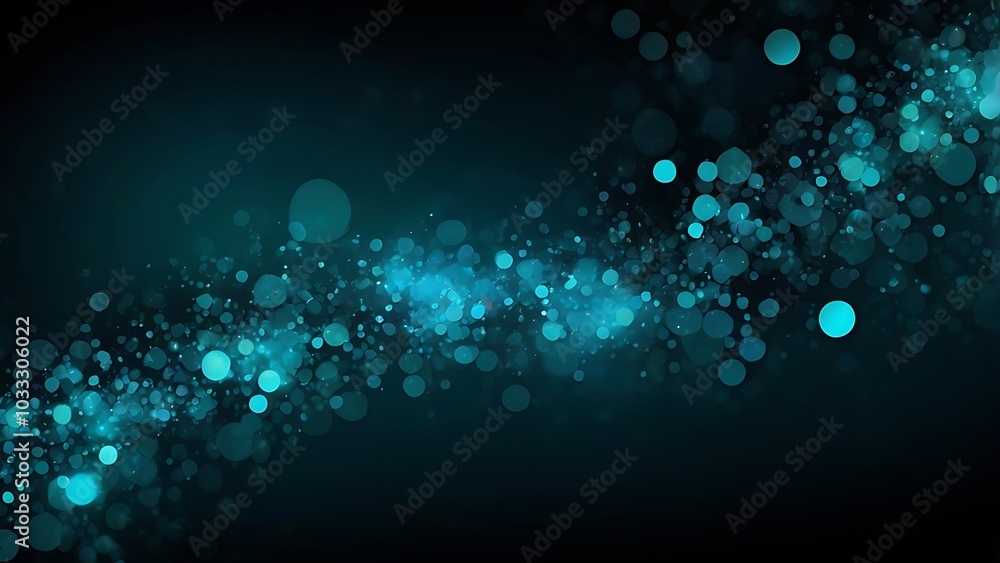 Poster abstract digital artwork featuring a dynamic composition of glowing blue and teal bokeh circles agai