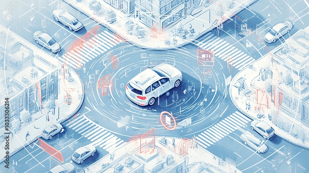 Poster illustration of an autonomous vehicle navigating an intersection with sensor technology, showcasing 