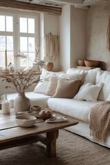 Simple and minimalist composition of living room with white sofa, wooden coffee table, shlef with accessories, personal stuff, and beautiful decorations. Home decor, Generative AI