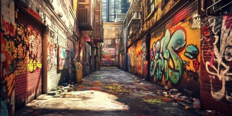 Fototapeta premium Graffiti-covered alleyway with brick walls.