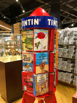 Close-up of Tintin Rocket Bookcase in Kinokuniya Dubai bookstore, United Arab Emirates.