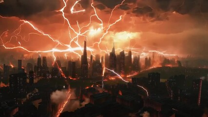City Under Siege: A menacing storm unleashes its fury upon a silhouetted cityscape, with jagged lightning bolts illuminating the apocalyptic scene. - Powered by Adobe
