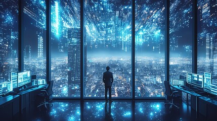 A man stares thoughtfully out at the cityscape from a high-rise window, with brilliant lights and skyscrapers creating a digital aura in the urban expanse.