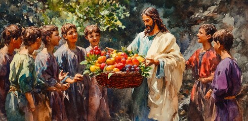 Jesus' Compassion: A Symbolic Scene of Jesus Giving Fruit to His Followers