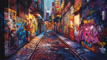 Graffiti-covered alleyway with colorful walls.
