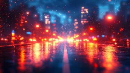 Fototapeta premium A rainy urban scene with blurred city lights reflecting on wet pavement.