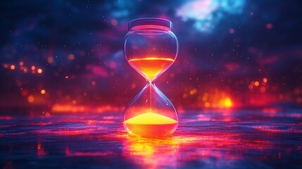 A glowing hourglass on a vibrant, abstract background symbolizes the passage of time.