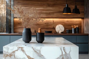 Interior design of kitchen space with marble island, black chockers, modern lamp, wooden wall, blue kitchen furnitures, vase with dried flowers and personal accessories. Home decor, Generative AI