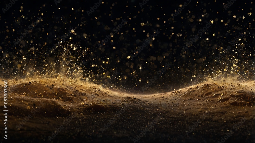 Poster digital abstract featuring a close up view of shimmering golden particles against a dark background,
