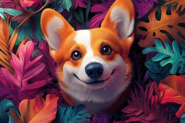 Playful Corgi Rolling Eyes in Vibrant Tropical Jungle 3D Art Scene