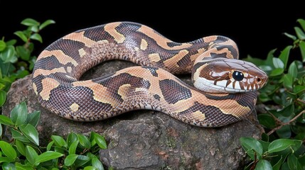 Obraz premium Coiled Snake on Rock with Lush Tropical Foliage