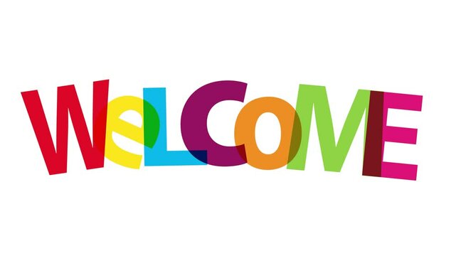 Colorful overlapping letters spelling out the word welcome on a white background.