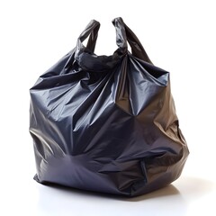 A black plastic bag is on a white background