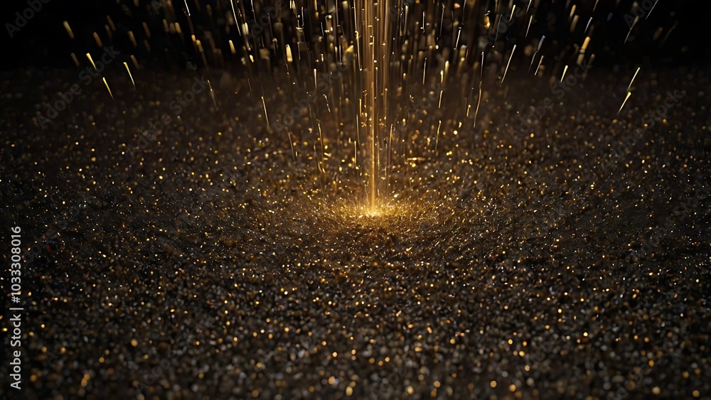 Poster digital abstract featuring a close up view of shimmering golden particles against a dark background,