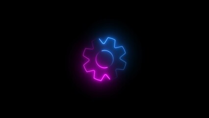 glowing neon gear icon on black background