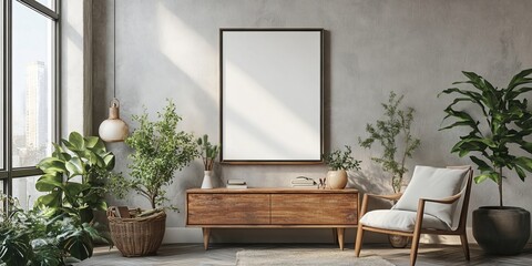 Stylish composition of artist workspace room with design retro teak commode, mock up poster frame, book, decoration and elegant accessories. Template, Generative AI