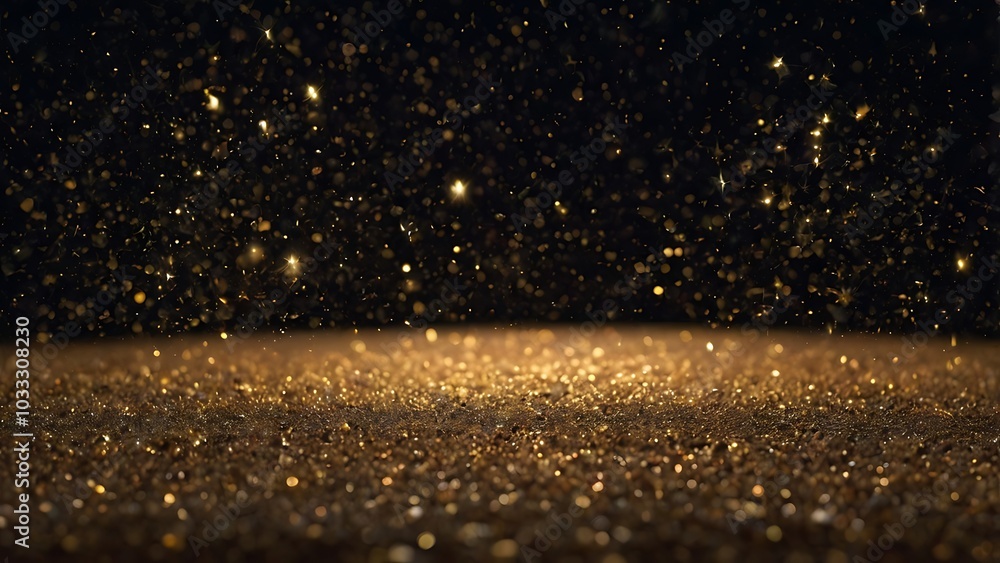 Poster digital abstract featuring a close up view of shimmering golden particles against a dark background,