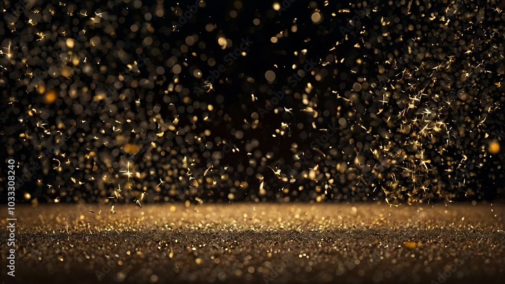 Poster digital abstract featuring a close up view of shimmering golden particles against a dark background,