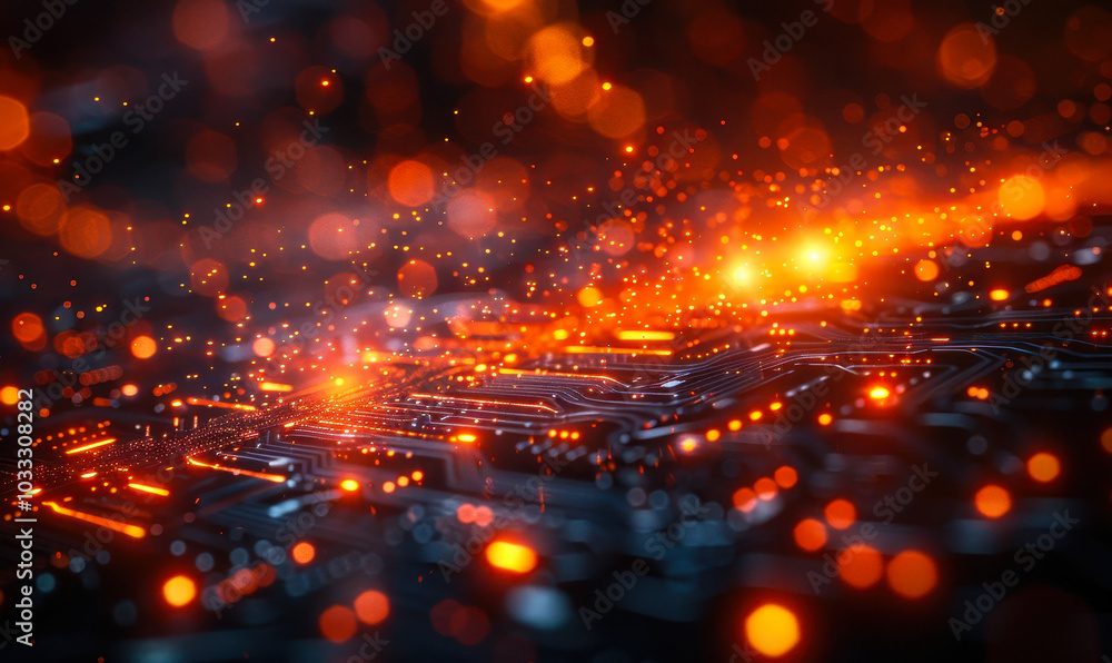 Poster futuristic digital technology circuit board with glowing nodes and sparks, abstract tech background 
