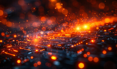 Fototapeta premium Futuristic Digital Technology Circuit Board with Glowing Nodes and Sparks, Abstract Tech Background in Dark Setting with Orange Lights and Energy Flows