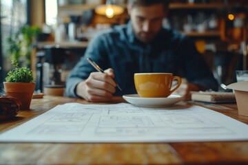 Graphic designer busy with a project in a cafe, Generative AI