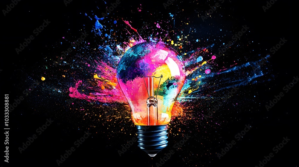 Poster light bulb exploding with vibrant colors and splatter