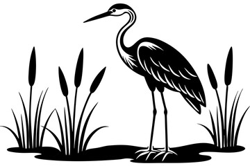 Stork Bird on the Water with Cattails Plants Silhouette Vector
