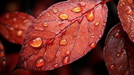 Close-up of red leaves adorned with water droplets, showcasing nature's beauty and detail.