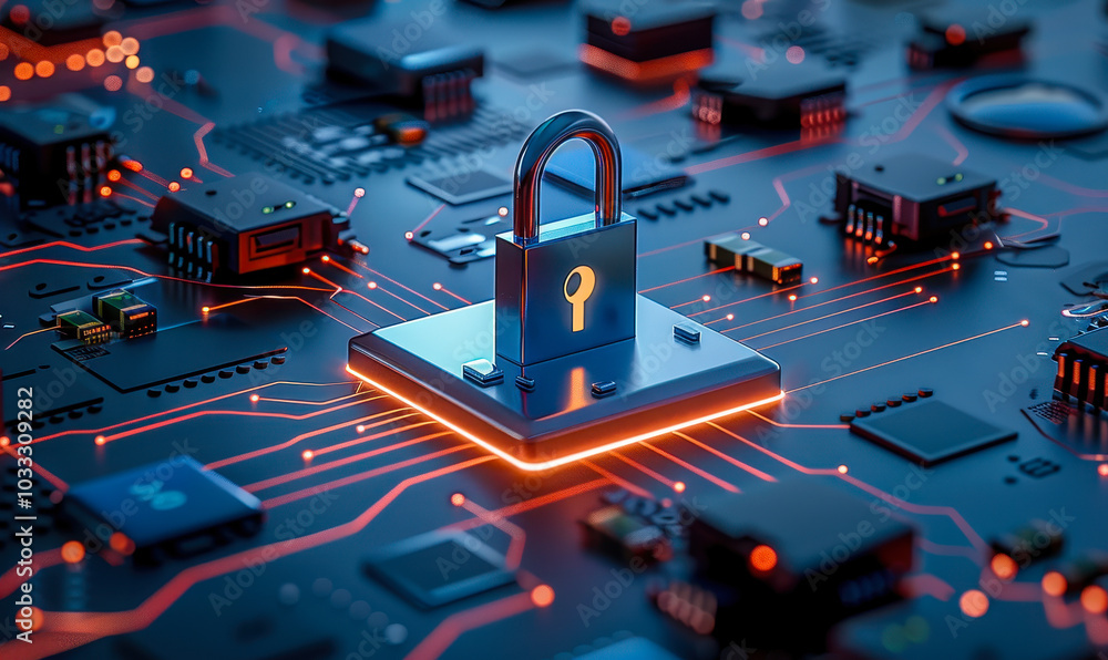 Poster cybersecurity concept: digital data protection via padlock centered on a glowing circuit board, symb