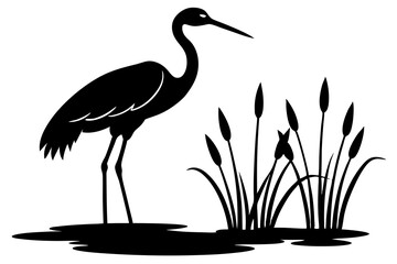 Stork Bird on the Water with Cattails Plants Silhouette Vector
