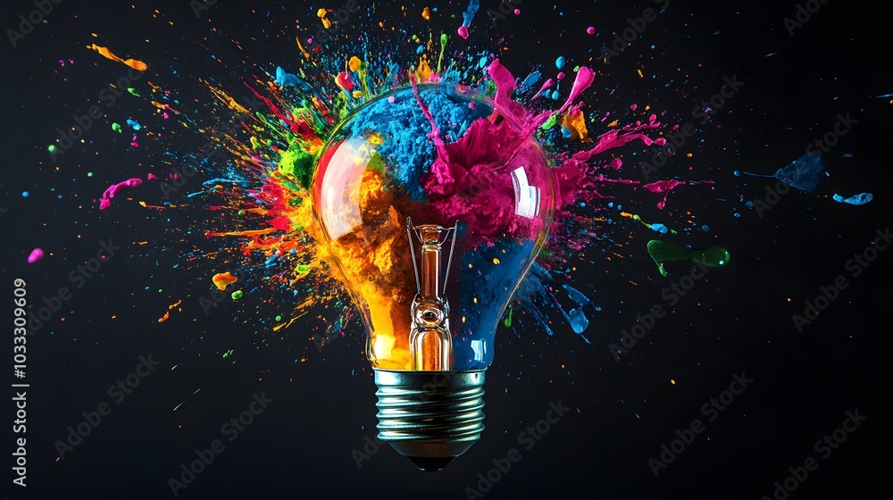 Poster light bulb exploding with colorful paint splashes