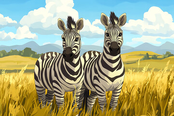 Two zebras standing in a golden field under a blue sky with clouds and mountains in the background.