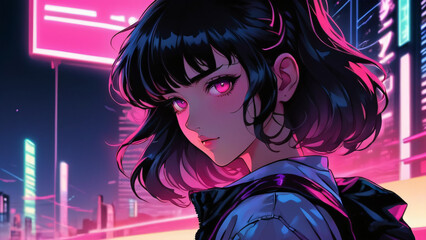 Synthwave anime manga girl, lofi background wallpaper design, anime girl, Manga Style