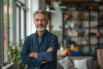 Fototapeta premium A man standing in front of a window with his arms crossed
